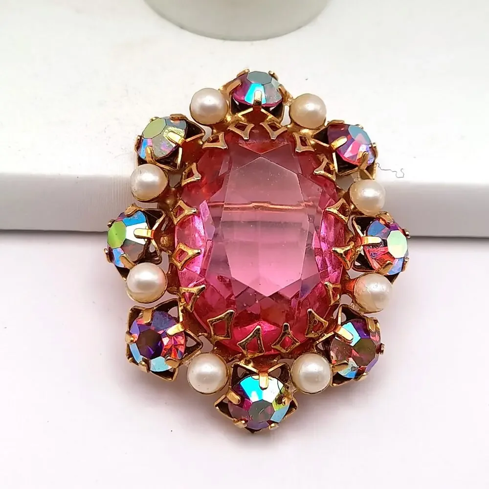 Vintage Signed JEWEL Pink Glass Brooch, Aurora Borealis Rhinestones, Faux Pearls